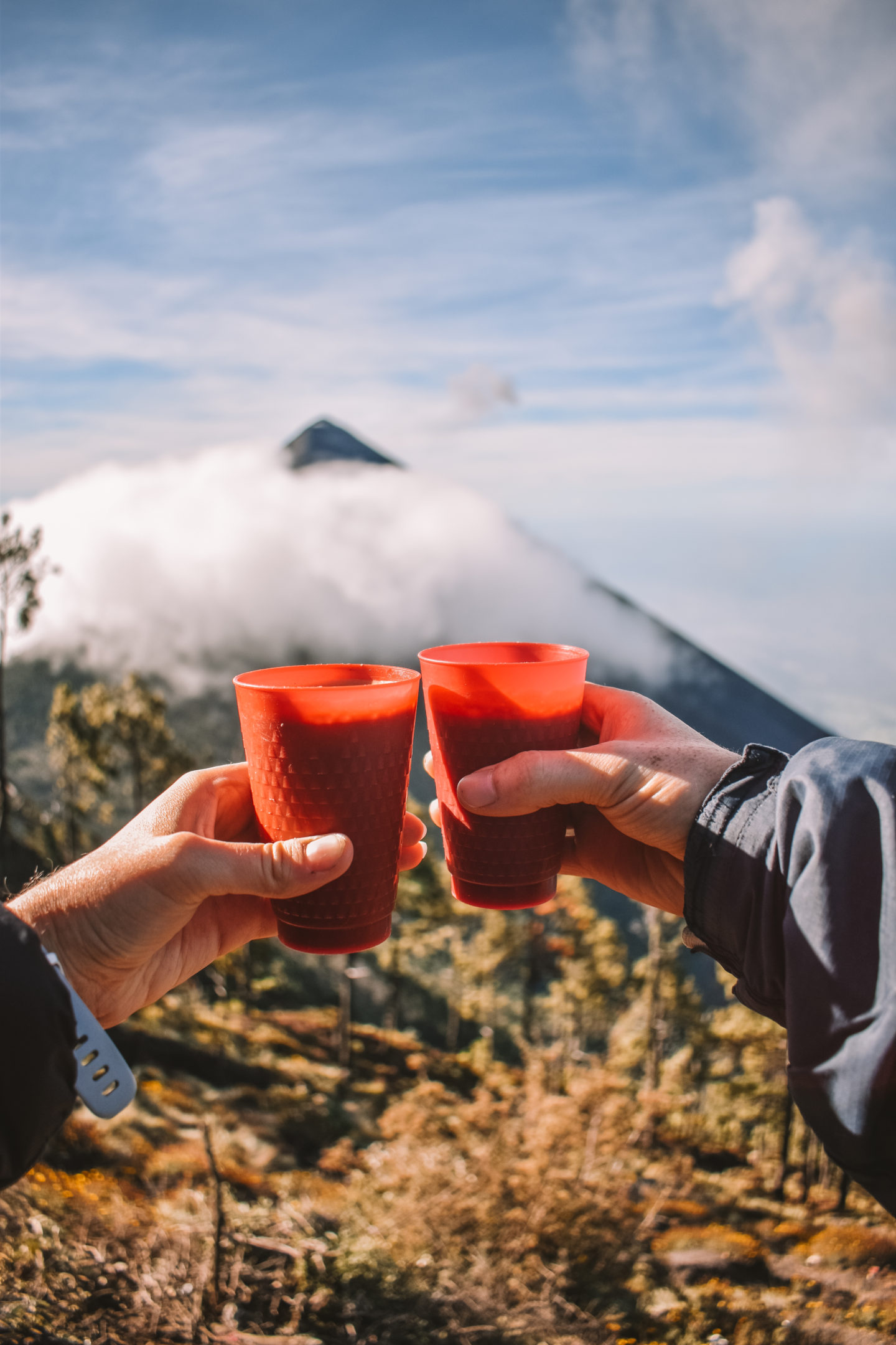 Drinking hot chocolate at the top of Acatenango