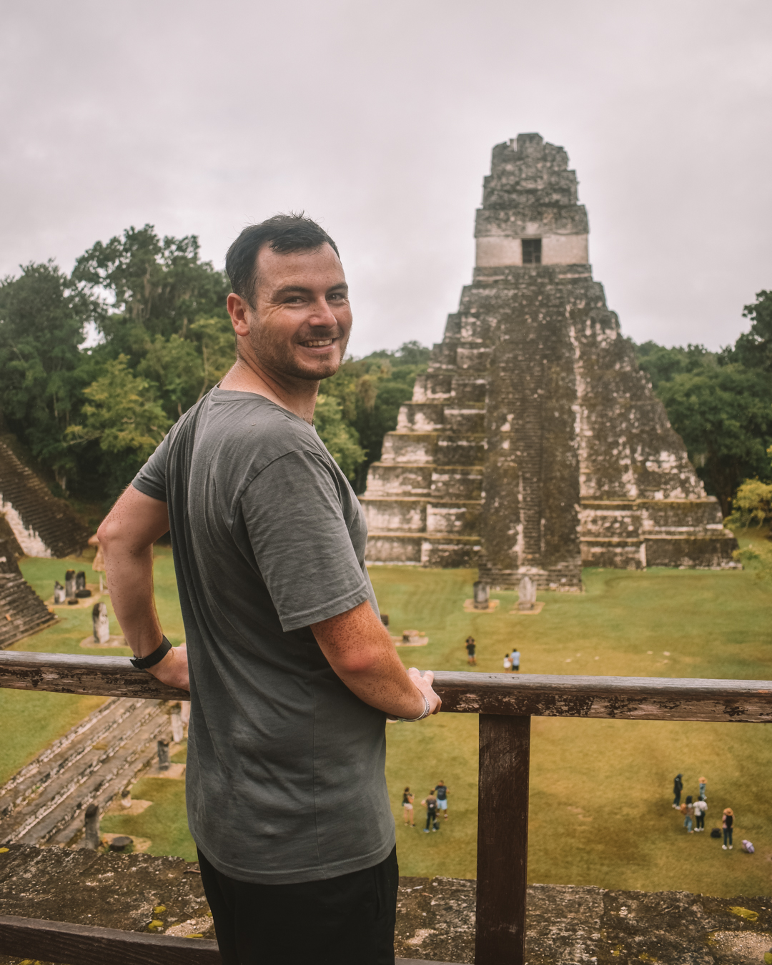 Chris looking over the ancient temples in Tikal