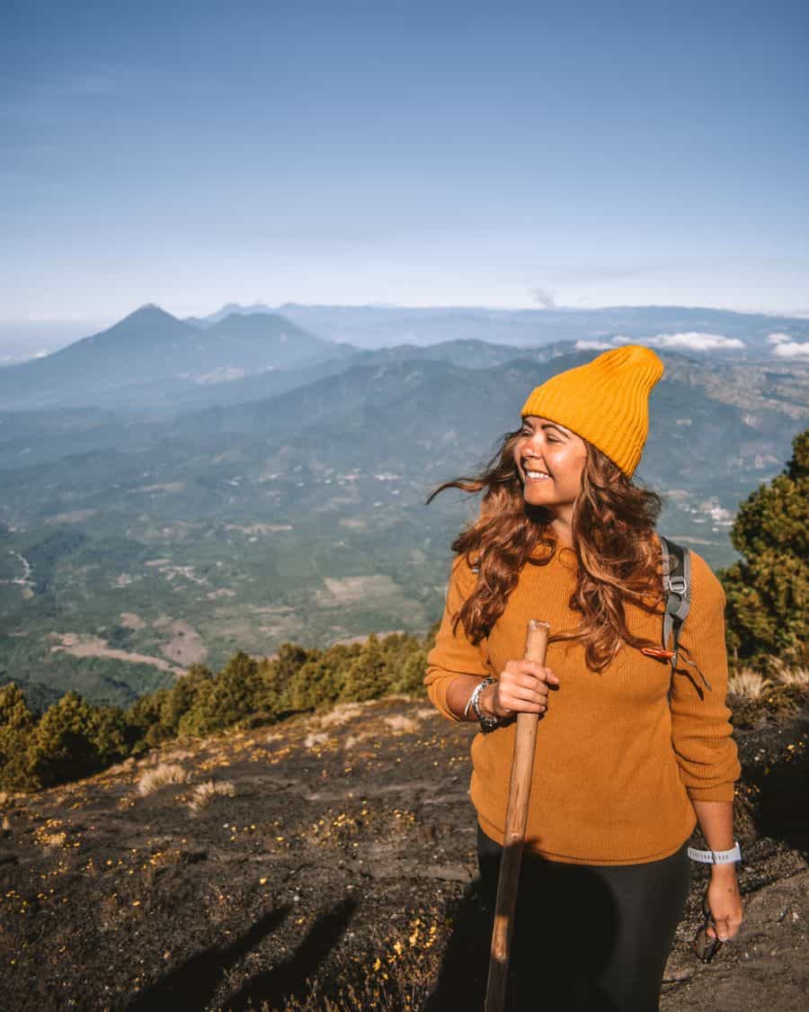 Reanna with her hiking stick on the way down from Acatenango Volcano