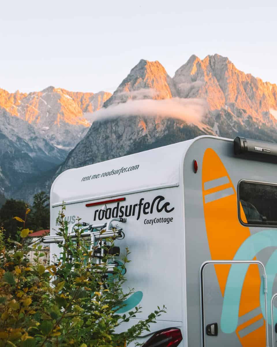 Roadsurfer campervan in the mountains in Bavaria