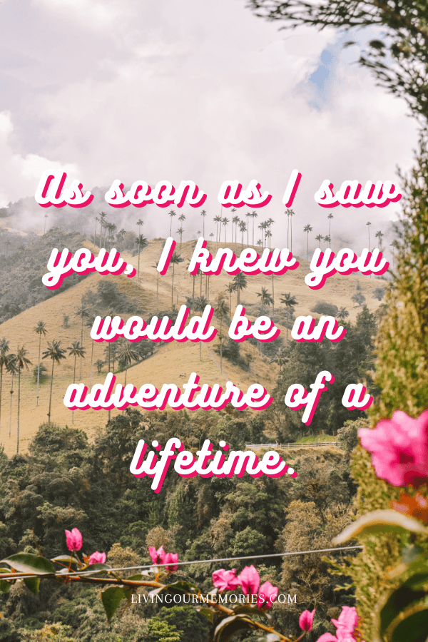 101 Most Inspiring Couple Travel Quotes for Instagram - As soon as I saw you, I knew you would be an adventure of a lifetime quote on a photo of the palm trees in Cocora Valley, Colombia