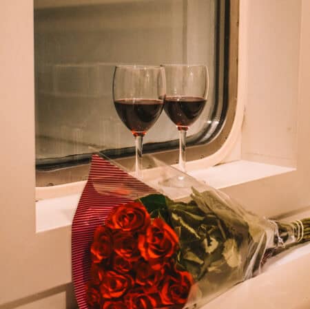 Two glasses of red wine in our Club Cabin on the P&O Ferries Mini Cruise