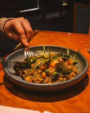 Dinner at The Brasserie: Wild mushroom spelt & pearl barley risotto squash sage