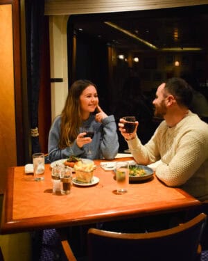 Reanna and Chris eating their main courses at The Brasserie on P&O ferries