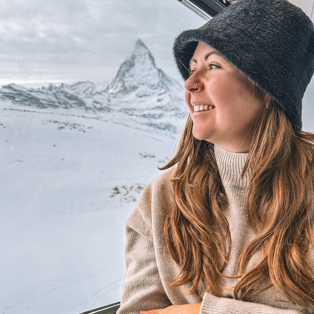Reanna on the Gornergrat Railway in Zermatt, Switzerland with the Matterhorn in the background